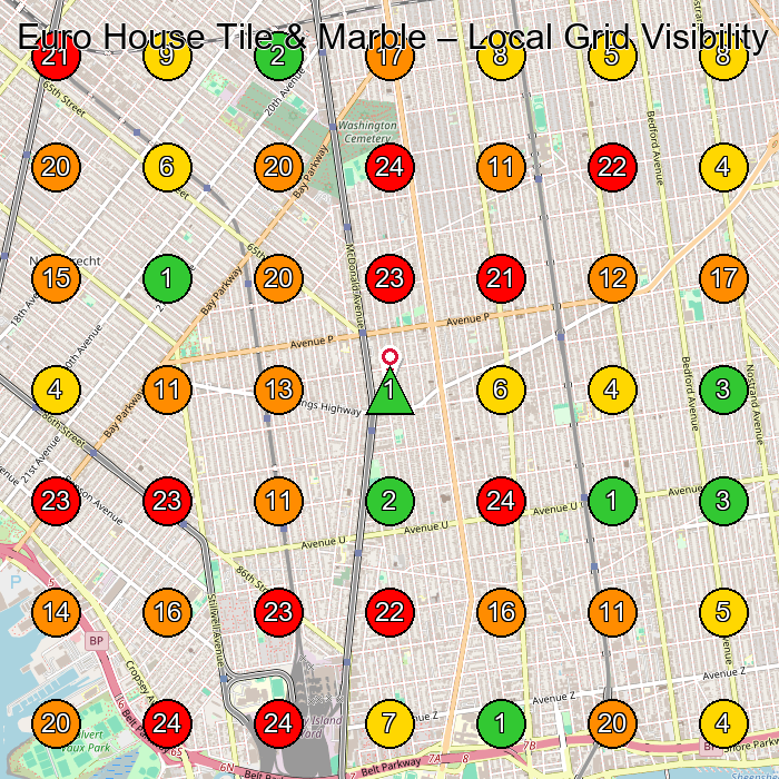Euro House Tile & Marble Tile Store GeoGrid ranking map for Brooklyn NY